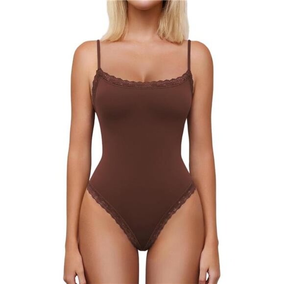 Tops - Women Square Neck Lace Bodysuit Sleeveless Coffee
